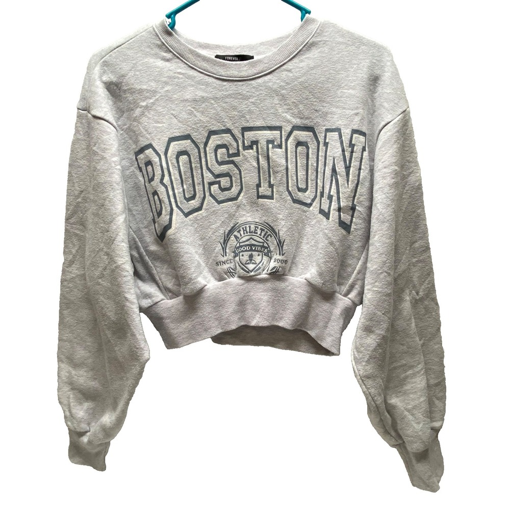 Forever 21 Cropped Sweatshirt Women's Small Grey Crewneck Boston Athletic Logo